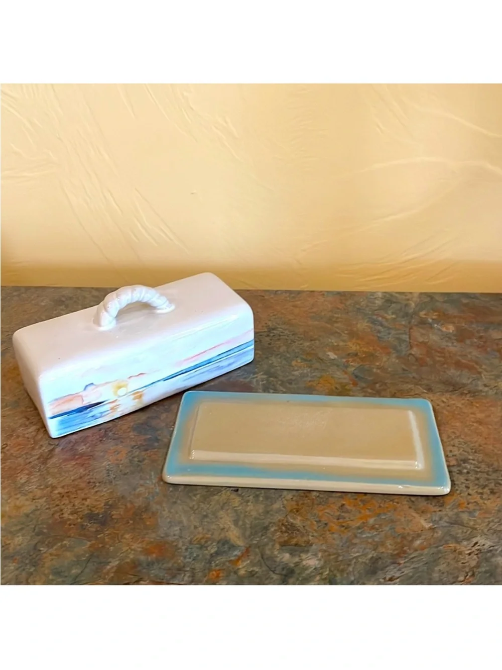 Vintage Hand-Painted Sunrise Ceramic Butter Dish